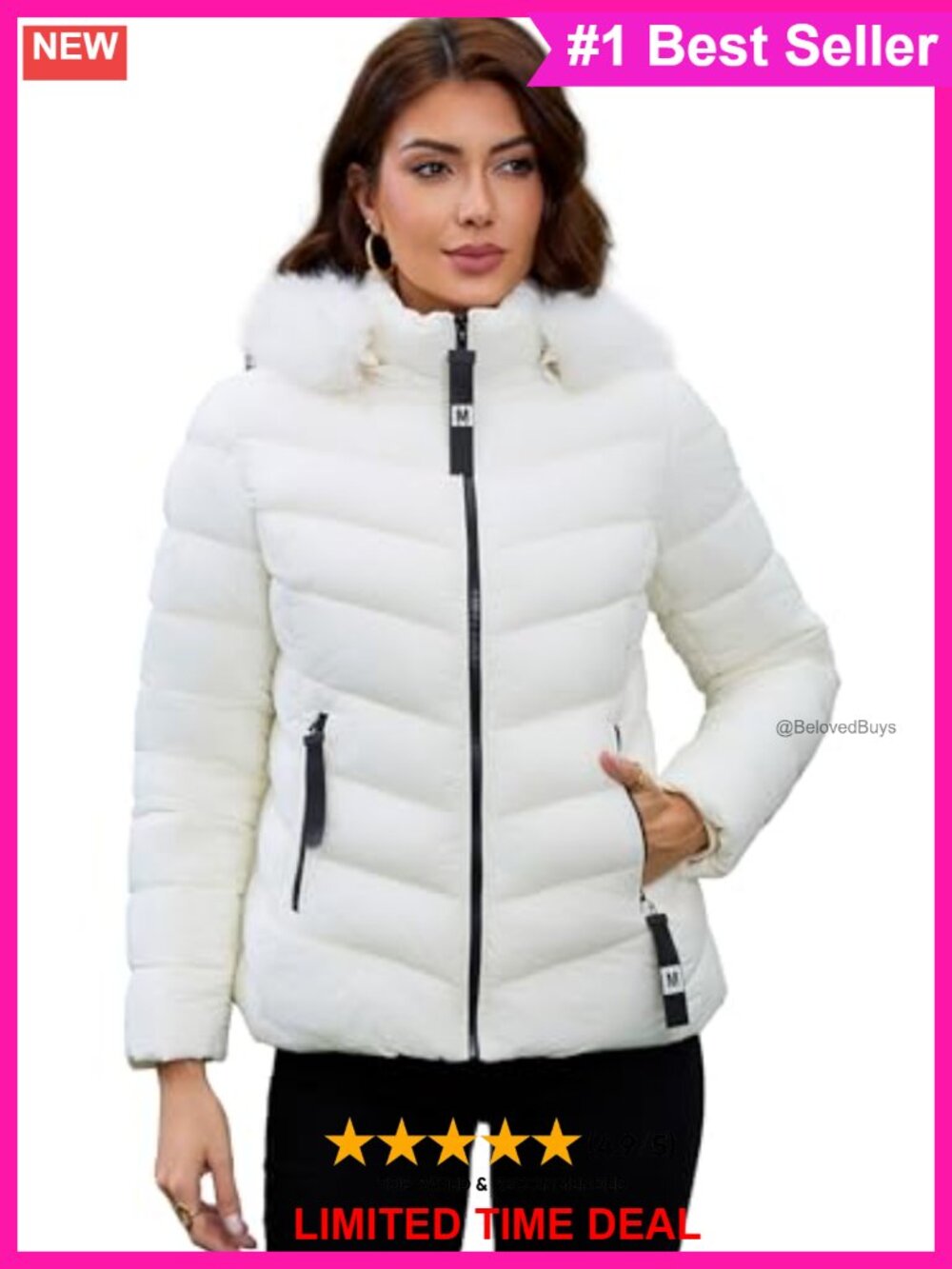 Shiny Puffer Jacket Quilted Lightweight Warm Winter Coat Removable Faux Fur Hood